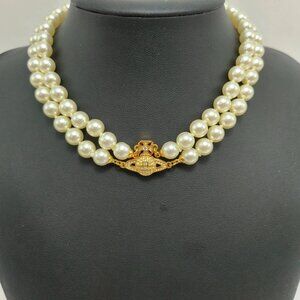 Vivienne Westwood Double-Layer Pearl Necklace with Gold Saturn Pendant